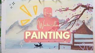 Watercolor mountain landscape painting || Easy sunset painting