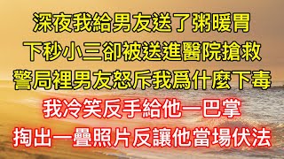 深夜我給男友送了粥暖胃，下秒小三卻被送進醫院搶救，警局裡男友怒斥我爲什麼下毒，我冷笑反手給他一巴掌，掏出一疊照片反讓他當場伏法