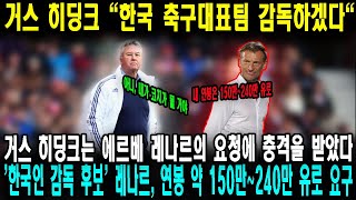 '한국인 감독 후보' 레나르는약 150만~240만 유로의 연봉을 요구한다. 거스 히딩크는 에르베 레나르 감독의연봉 제안에 충격을 받았다. 거스 히딩크 "한국 축구대표팀 감독하겠다"