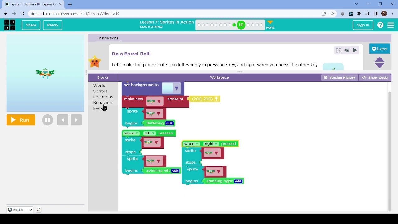 L7-10 |Code.org | Express-2021 | Lesson 7:Sprites In Action | Level 10 ...