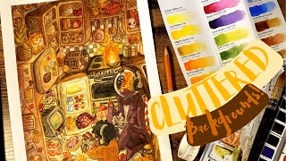 ☕️ How I Draw CLUTTERED BACKGROUNDS!! (TUTORIAL)||✨👾🍕🐟 ft. Etchr Lab Watercolours & Paper!!