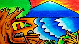 How To Draw Easy And Nice Scenery Step By Step | Drawing Easy And Nice Scenery With Oil Pastels