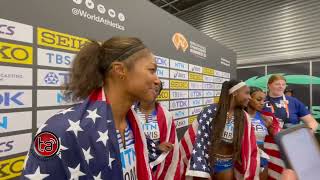Sha'Carri Richardson and Team USA after winning the women's 4x100m in Budapest 23
