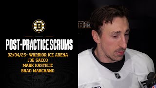 Marchand, Kastelic, and Sacco speak with the media ahead of the Bruins matchup versus Minnesota