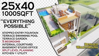 25X40 Feet | 1000 Sqft Split Level House Design with Waterfall Landscape Entrance