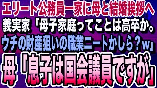 【感動する話】エリート公務員一家に息子と結婚挨拶に行くと、義実家「母子家庭ってことは高卒貧乏ね。仕事はニートかしら？w」私「息子は国会議員ですが」【いい話泣ける話朗読】