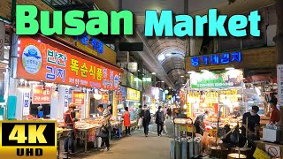 [Korea Market] Walking to traditional Busan markets / Grilled hagfish / Pig hocks /  Kimbap  4K