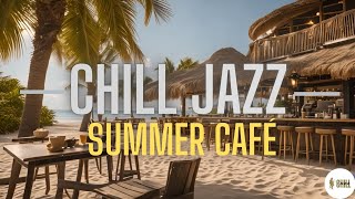 Tranquil Beachside Café with Moving Ocean Waves and Swaying Palm Trees - Relaxing Jazz Ambiance