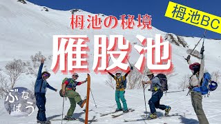 栂池バックカントリー『雁股池』へ秘境ツアー　絶景斜面を滑り降りて雁股池へ！