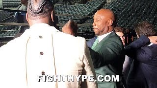 LENNOX LEWIS THROWS UPPERCUT AT DEONTAY WILDER IN PLAYFUL REUNION; PAY RESPECT AFTER COMMENTATING