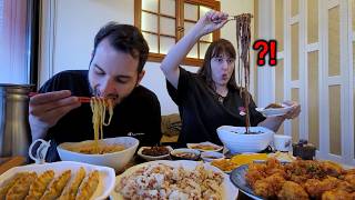 My Brother Tries Korean Jjajangmyeon, Jjamppong, Tangsuyuk and Kkanpunggi for the First Time! [SUB]