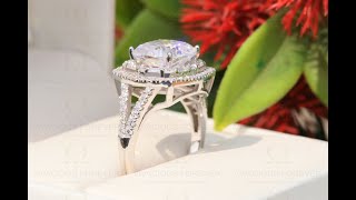 Colorless Cushion Moissanite Ring Halo Ring Engagement Ring, Accented Moissanite Baguette On Side