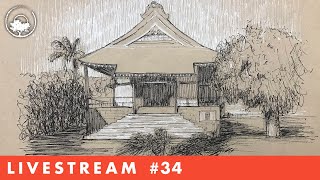 Drawing a Temple Building with Pen & Ink - LiveStream #34