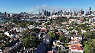 Bushfire smoke from Oxford Falls and Cromer Heights - Drone view from Glebe Sydney Australia CBD