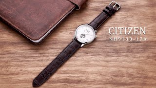 Review đồng hồ Citizen NH9130-17A Open heart (máy cơ lộ tim) tạo nên vẻ độc đáo trên nền mặt số.