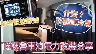 車主幻想曲，移動式冷氣要來當駐車冷氣是否可行，全新T6露營車泊之電力改裝，無線庫倫計監測電壓、電量。