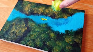 Easy Acrylic Painting / Black canvass / canoeing on the river