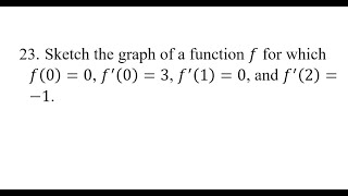 23. Sketch the graph of a function f for which f(0)=0, f^'(0)=3, f^'(1)=0, and f^'(2)=-1.