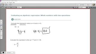 Evaluating algebraic expressions - whole numbers with two operations