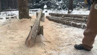 Small log cabin build (Day 21).  Chainsaw milling half log planks