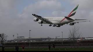 Emirates A380 LATE GO AROUND in strong winds at Heathrow - 13/3/23