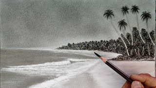 Pencil drawing sea beach scenery easy ways // Drawing for beginners //