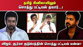 தமிழ் சினிமாவிலும் சொத்து பட்டியல் தயார்...! விஜய், சூர்யா குடும்பத்தின் சொத்து பட்டியல் என்ன?