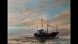 Simple Watercolour Seascape Fishing Boat at Sunset, Beginners watercolor landscape painting tutorial