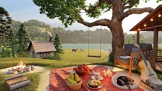 Summer Day on Cozy Porch Ambience with Campfire, Birds and Relaxing Lake Sounds for Sleep and Relax