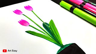 Tulip Flower Drawing Easy Step By Step || Brush Pen/Sketch Pen Drawing || Drawing For Beginners