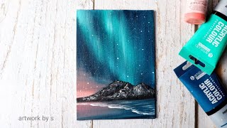 Easy acrylic painting tutorial for beginners / Northern lights aurora sky painting on mini canvas
