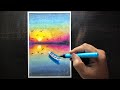 Sunset Lake View Drawing with Oil Pastel and Brush Pen for Beginners - Step by Step