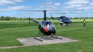 Robinson R22 Helicopter Startup and Takeoff - 1st Lesson - including visit from a Bell Long Ranger.