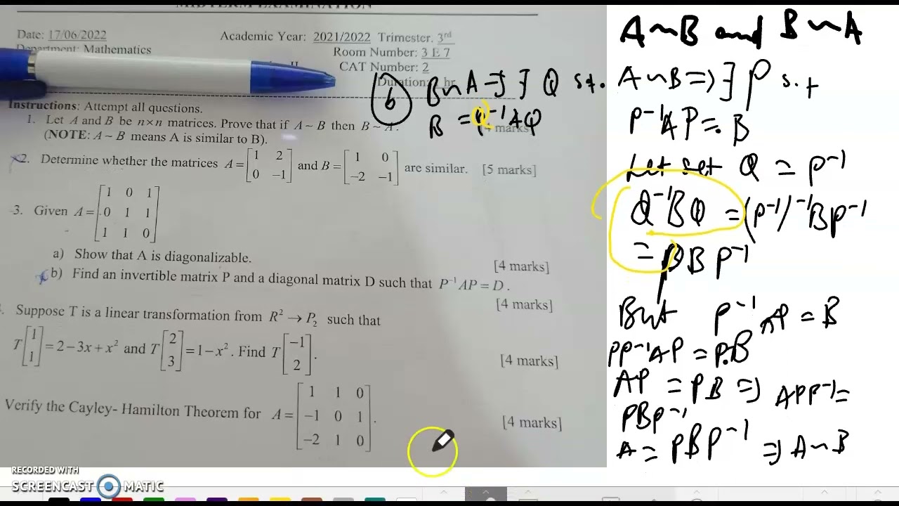 Let A And B Be N X N Matrices. Prove That If A Is Similar To B Then B ...