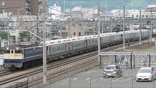 JR四国　2700系気動車(第5＋第6＋第7編成＋2800形)8両　甲種輸送　高松駅　電気機関車EF65　機回し