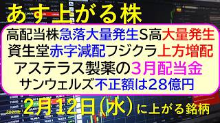 あす上がる株　2025年２月１２日（水）に上がる銘柄。高配当株の急落大量発生、S高も大量発生。資生堂が赤字減配フジクラ上方増配。サンウェルズ28億円～最新の日本株情報。高配当株の株価やデイトレ情報～