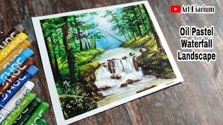 Waterfall Landscape drawing with Oil Pastel - Step by Step