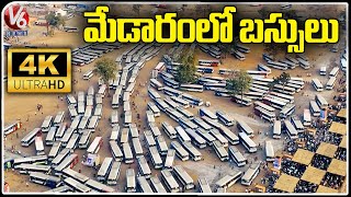 Medaram Jatara 2024 Drone Visuals | Huge Rush At Bus Depots | 4K Video | V6 News