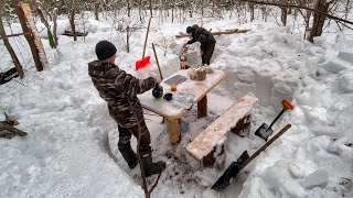 In winter, we sneak into a dugout, snow is waist-deep, we cook food on a campfire