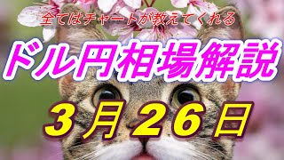 【FX】ドル円為替相場の予想と前日の動きをチャートから解説。日経平均、NYダウ、金チャートも。3月26日