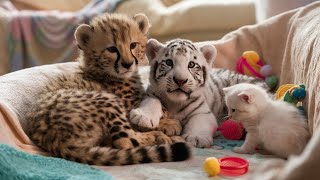 Cute Cat loves White Tiger Cub and Cheetah Cub