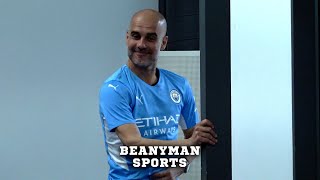 Pep Guardiola offers to buy a beer for reporters in his press conference before slapping his belly
