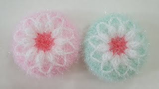 코바늘 수세미/ 쉬운 꽃호빵수세미  Crochet Flower  Dish Scrubber/popcorn st.