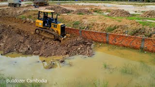 NEW PROJECT , EXCELLENT TECHNIQUES MINI BULLDOZER SHANTUI PUSHING THE SOIL \u0026 DUMP TRUCK 5 TON