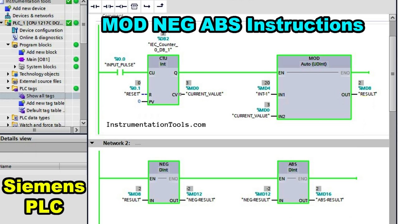 Basics Of Siemens PLC Programming - MOD NEG ABS Instructions - YouTube