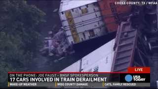 Rough weather causes 17 car train derailment in Texas