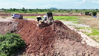 Huge Size Project Bulldozer SHANTUI Pouring Soil Building High Road, 5Ton Truck Unloading Dirt