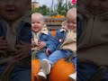 Adorable Baby Twins Sitting on Pumpkins and Laughing at Pumpkin Patch