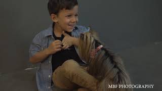 Child and doggy (Yorkie) in studio portrait photography BTS