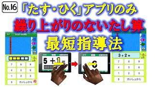 №16 「たす・ひく」のみ 繰り上がりのないたし算最短指導法！「たす・ひく」アプリの3つの学習に絞り，指を使わないで，繰り上がりのないたし算ができることを目指した取組みです。